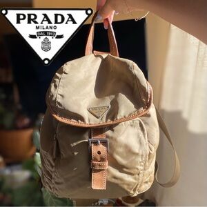 Gorgeous vintage and authentic beige nylon bag with brown leather detailing